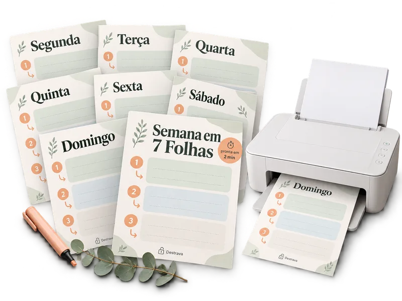 7 folhas da semana impressas ao lado de uma impressora doméstica