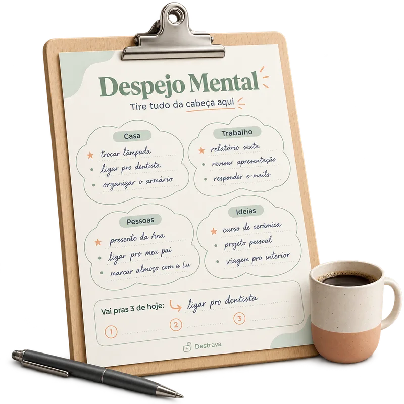 Folha de despejo mental preenchida com anotações soltas