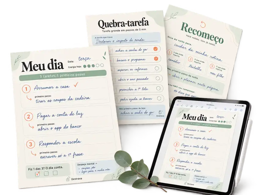 Kit do Planner Destrava TDAH: capa, página do dia, páginas internas, versão no iPad e folhas impressas